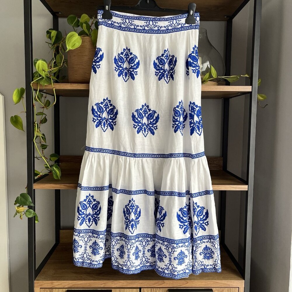 Zara Tiered Midi Skirt S UK 8 Blue & White Embroidered Linen Unworn